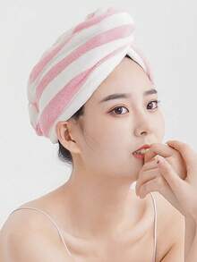 Thickened High-Density Cationic Coral Fleece Hair Drying Cap For Women, Soft Absorbent Head Wrap, Minimalist Striped Bath Cap - Multicolor - View 4