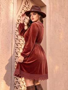 Bohemian Solid Color Velvet Casual Fashion Women's Dress, Autumn/Winter - Red - View 2