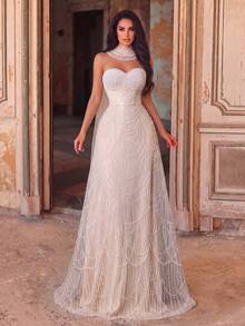Faeriesty Sequin Shimmering Mermaid Evening Gown With Transparent Shawl, Elegant And Noble Formal Occasion Attire Fall Wedding - 香檳色 - 查看 4