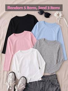 3 áo thun tay dài gân cho bé gái tuổi teen, màu ngẫu nhiên, trơn cơ bản, cổ tròn, áo top mùa thu đông đi học - Nhiều màu - Xem 1