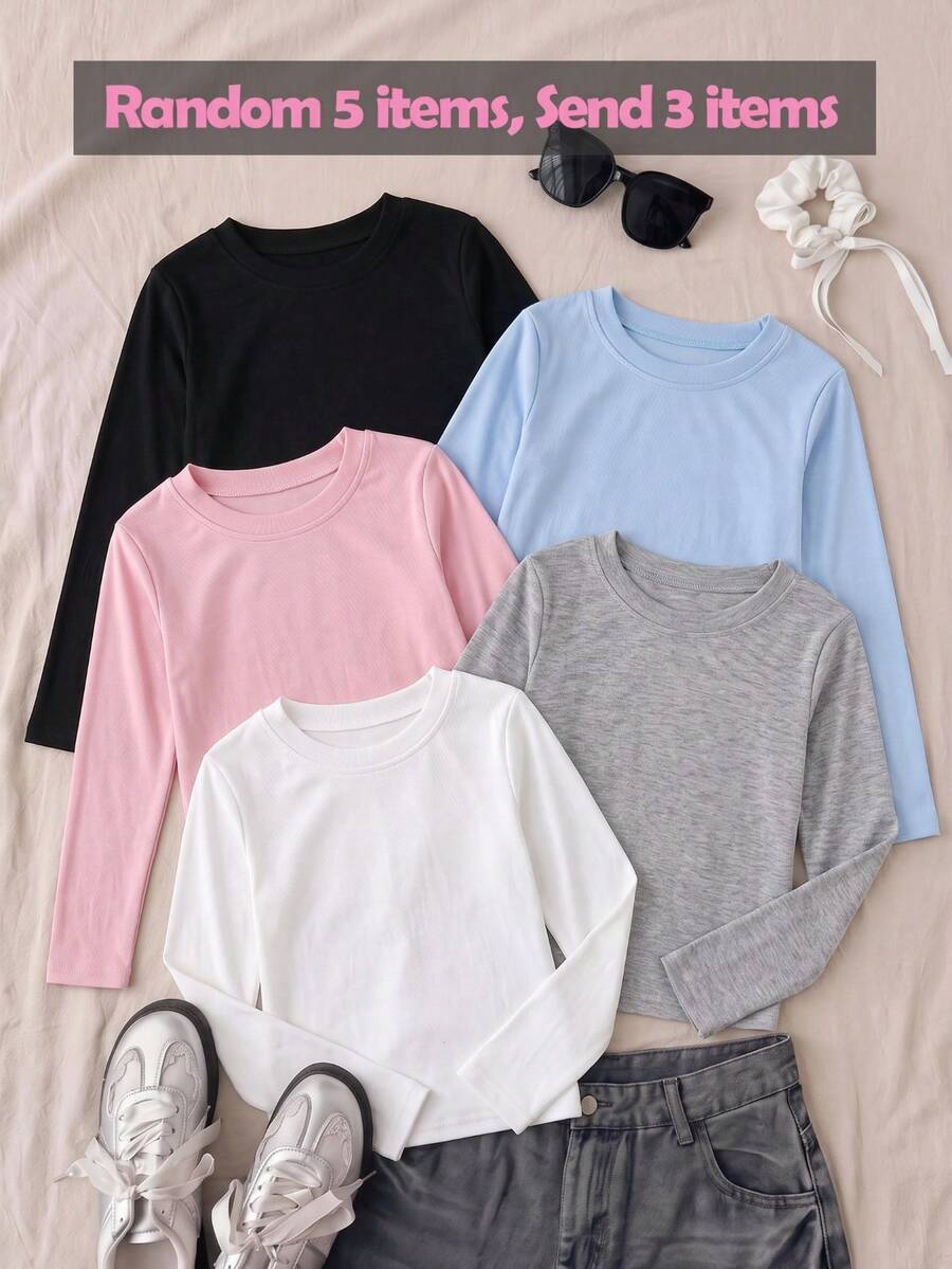 3 áo thun tay dài gân cho bé gái tuổi teen, màu ngẫu nhiên, trơn cơ bản, cổ tròn, áo top mùa thu đông đi học - Nhiều màu - Xem 1