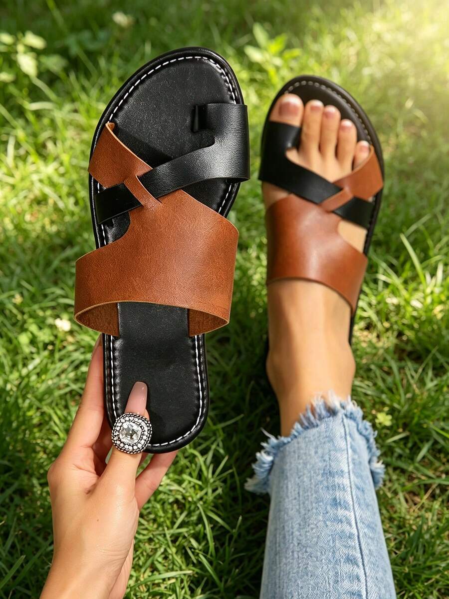 2026 New European And American Style Toe-Loop Slides For Women, Black And Brown Colorblock Cross Strap Flat Sandals, Casual Slippers Suitable For Daily Wear, Home, Beach And More - Brown - View 1