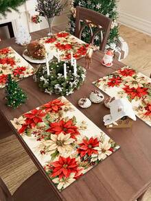 1pc Christmas Pattern Printed Table Runner, 4pcs Christmas Pattern Printed Placemats, Suitable For Holiday, Party, Birthday, Dinner, Kitchen Dining Table Decoration, All Season Room Decor, Home Textile Decoration Table Runner - Multicolor - View 6