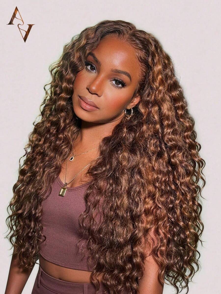 ARABELLA 13x6 Lace Front Wig Dark Brown With Highlight Water Wave Glueless Wigs With Drawstring 100% Human Hair Pre Cut Lace Beginner Friendly 200% Density 18-30 Inch Natural Looking Beginner Friendly - S4 - View 1