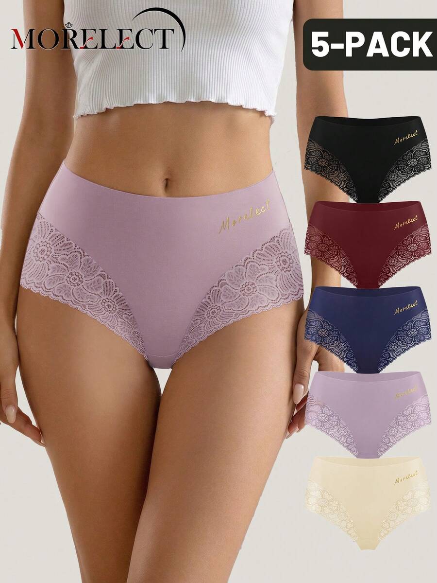Morelect 5pcs Women's Mid-Waist Lace Patchwork Panties, Comfortable And Soft