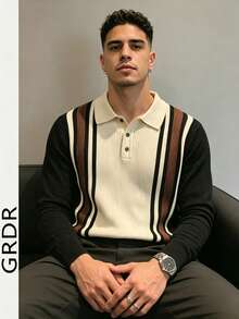 GRDR Men's Vintage Contrast Color Versatile Collared Vertical Striped Knit Long Sleeve - Casual Everyday Wear - Black - View 3