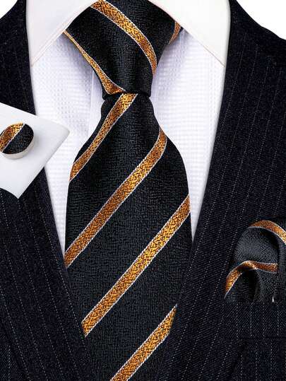 Black Golden Striped Necktie Pocket Square Cufflinks 3pcs Set For Vineyard Harvest Party & Outdoor Park Wedding Ceremony