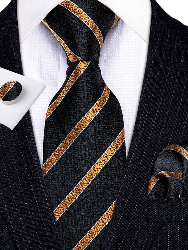 Black Golden Striped Necktie Pocket Square Cufflinks 3pcs Set For Vineyard Harvest Party & Outdoor Park Wedding Ceremony
