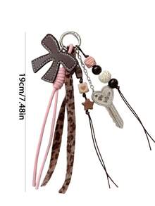 1pc Ins Style Autumn/Winter Marron Brown Pink Leopard Print Bow Heart Keychain Bag Charm - Multicolor - View 5