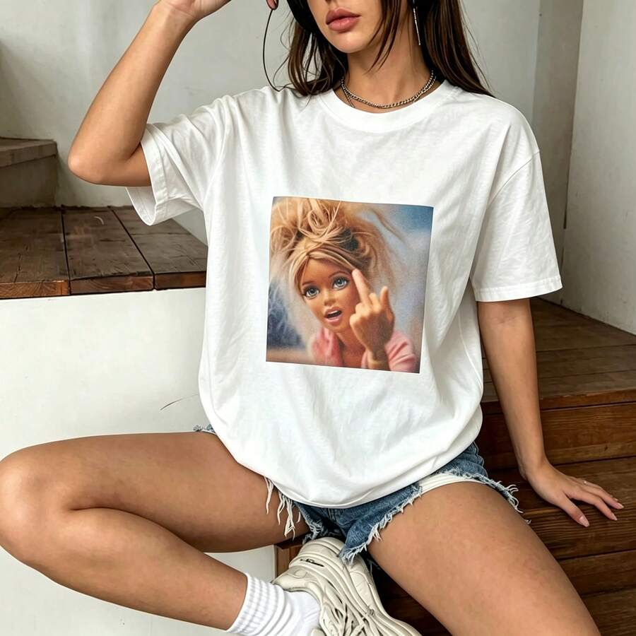 Unisex-T-Shirt mit lustigem Grafikdruck im Vintage-Pop-Culture-Stil, Rundhalsausschnitt, kurzen Ärmeln, aus bequemer Baumwolle, lässiger Look für Zuhause und Alltag - Weiss - Übersicht 1