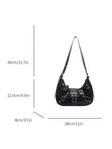 New Vintage Fashion Faux PU Leather Crescent Bag, Metal Belt Buckle, Y2K Style Rivet Decor, Zipper Closure, Lightweight Minimalist, Small Capacity Soft Texture Shoulder Underarm Bag, Suitable For Women's Daily Life, Casual, Commute, Work, Vacation And Student Use - Black - View 8