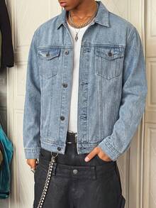 Men's Light Blue Denim Jacket, American Western Style Graphic, White Ink Direct-To-Garment Print, Y2K Style - Light Denim Blue - View 7