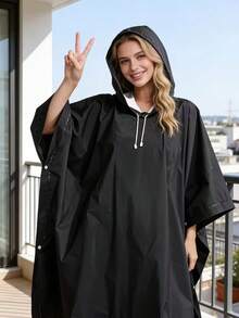 Black Hooded Rain Cape, Waterproof Reusable Raincoat, Lightweight All-Weather Rain Poncho, Suitable For Daily Commute And Outdoor Use, Ideal For General Users And Daily Commuters, All-Season Rain Gear - A - View 6