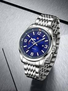 NSNEVER STOP NS Round Steel Band Business Casual Quartz Men's Wristwatch With Rotating Crown, Folding Clasp, Suitable For Daily Commute And Multiple Holiday Gift-Giving, Gift Box Included - Silver - View 6