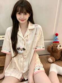 2件組女款睡衣家居服套裝，開襟翻領可愛小狗與蝴蝶結印花短袖時尚休閒短褲，春夏季，易打理面料 - 香檳色 - 查看 11
