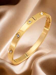 18K Gold Plated Stainless Steel Bangle, Evil Eye Zirconia Narrow Open Cuff Bracelet, Daily Wear Holiday Gift For Women - Gold - View 3
