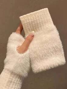 3Pcs Fuzzy Faux Fur Winter Hat Earmuffs Fingerless Gloves Set,Windproof Soft Stretchy Warm Accessory For Women Girls,Y2K Style For Christmas New Year - Multicolor - View 8