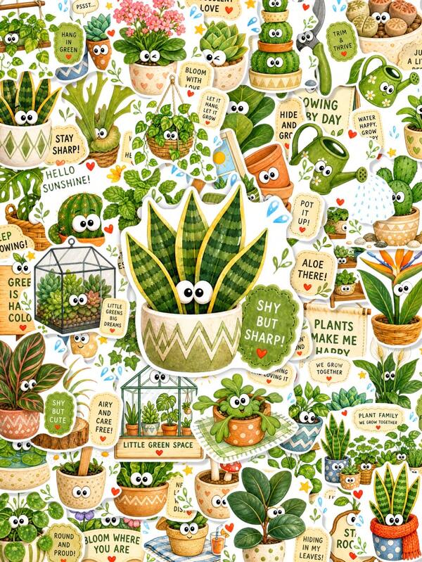 50Pcs Cute Houseplant Stickers, Funny Potted Succulent Cactus Monstera Plant Decals, Green Plant Aesthetic Stickers For Water Bottle, Phone Case, Laptop, Journal & Scrapbook Crafts