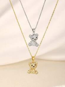1pc Cute Rhinestone Teddy Bear Pendant Necklace Sparkly Gold Silver Tone Charm Fashion Jewelry For Girls Daily Wear Party Birthday Gift Kawaii - Multicolor - View 5