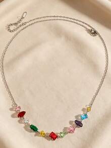 Women Rainbow Mixed Cut Glass Rhinestone Necklace, Dainty Colorful Imitation Gem Collarbone Chain For Daily Party Wear Jewelry - Multicolor - View 4