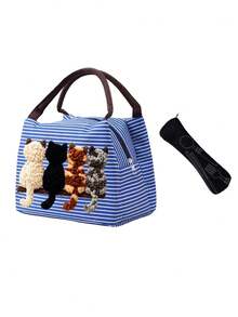 2D Plush (4 Cats) Back View Striped Lunch Box, Pet Pattern Tote Bag,Portable Picnic Bag, Unisex Lunch Bag, Zipper Closure, Suitable For Cat Lovers,An Excellent Gift Choice For Students, Teachers, Birthdays, Or Anniversaries. - Multicolor - View 12