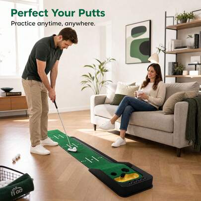 Golf Putting Mat Automatic Ball Return, Dual-Hole Design With Bunker, Indoor Outdoor Golf Putting Trainer, Portable Practice Putting Green Mat For Home Office Backyard, Golf Training Aid Gift For Men Golfer