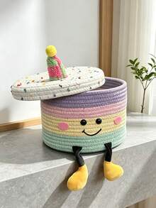1pc Multicolor Cake-Shaped Storage Basket, Woven Cylindrical Organizer Bin With Lid, Plush Party Hat Design, Face Decoration, Desktop Storage Box, Suitable For Birthday Party, Home Indoor Daily Use - Multicolor - View 4