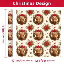 1 Roll Of Christmas Gift Wrapping Paper Featuring A Highland Cow Pattern With Santa Hats; Perfect For Christmas Gift Wrapping,Holiday Party Decor,Home Festive Decoration,DIY Craft,Festive Favour Wrapping Dimensions: 43 Cm X 300 Cm. - A - View 9