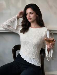 QUNGIGU Women Lace Boat Neck Top Jacquard Bell Sleeve Asymmetrical Wavy Hem Casual For Fall Apparel Going Out Dating - Apricot - View 2