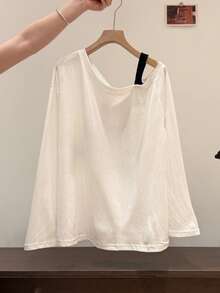 Korean Style Slouchy White Long Sleeve Top For Women, Loose Fit Round Neck Base Layer, Versatile Daily Commute Gentle T-Shirt Casual - White - View 2