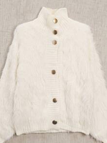 Korean Style Plush Knit Cardigan - Soft Faux Fur Sweater For Autumn/Winter, Decorated With Fan-Shaped Lace And Pearl Buttons, Comfortable High Neck Outerwear, Versatile For Daily Wear - White - View 7