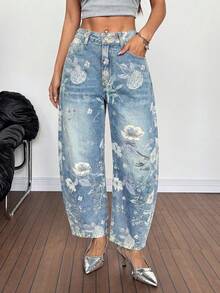 Women's Casual Loose Fit Denim Wide Leg Pants, Printed Pattern, Button & Zipper Pockets, Long Non-Stretch Style - Light Wash - View 3