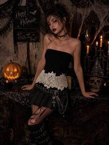 2026 Summer New Women's Elegant Knit Top, Solid Color Bandeau With Lace Patchwork Black - Black - View 11