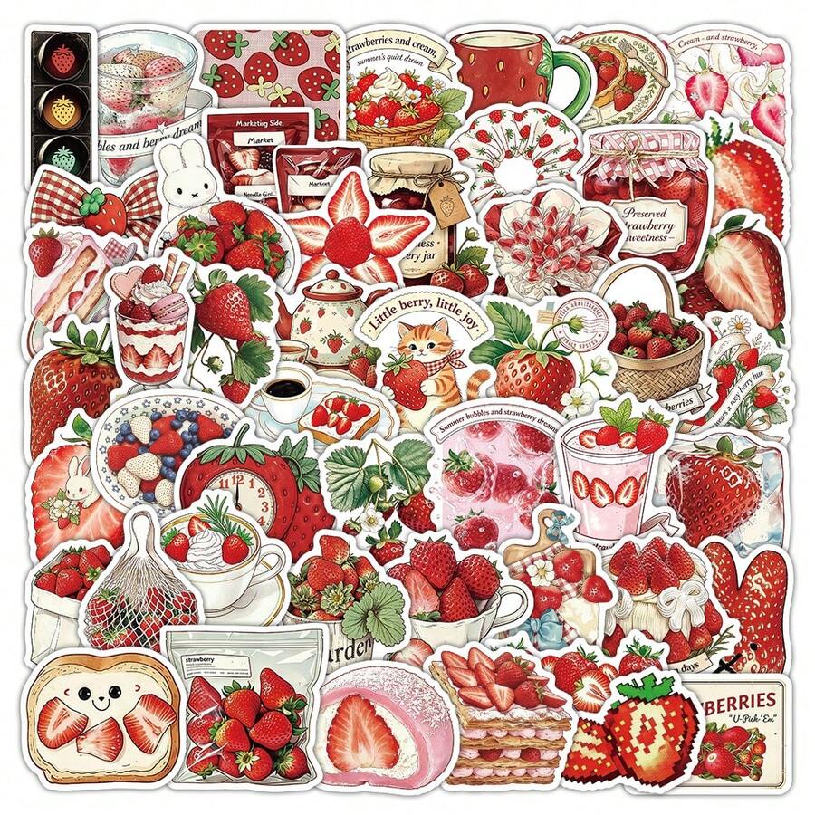 50 Retro Aesthetic Cartoon Strawberry Stickers For Luggage, Guitar, Computer, Phone, Scrapbook, And Cup Decoration - Multicolor - View 1