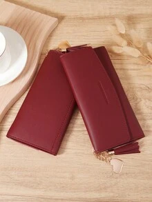 Fashionable Women's Long Wallet, Three Fold Multi Slot Heart-Shaped And Tassel Decorated Multifunctional Wallet, Suitable For Outdoor Travel - Burgundy - View 7