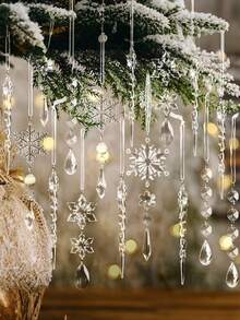 18/1pc Christmas Snowflake Icicle Hanging Decor, Christmas Tree Ornament, Crystal Clear Glitter Acrylic Snowflake Icicle Pendant With Ribbon, For Christmas Tree And Home Decoration - Multicolor - View 5