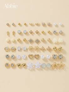 30 Pairs Minimalist Fashion Heart-Shaped Craft Flower & Star Earrings Set, Assorted Designs, Delicate Stud Earrings For Women, Casual, Vacation, Beach Wear, Holiday Gift Jewelry - Yellow Gold - View 7