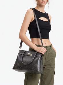 Retro-Style Distressed Black PU Square Handbag With A Straight Strap And Metal Buckle Featuring A Minimalist Design. Ladies' Tote Bag A Crossbody Bag - Black - View 5