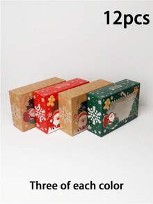 4pcs/12pcs/24pcs Christmas Window Gift Box Set, Xmas Santa Tree Kraft Treat Box With Transparent Window, Holiday Square Present Box,4 Designs Party Favor - View 14