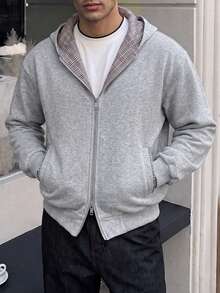 Men's Heather Grey Plaid Lined Zip Up Hoodie Sweatpants Set, Loose Casual Two Pieces Tracksuit Outfit - Grey - View 1