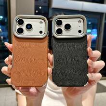 1pc Ins Electroplated Large Hole Lychee Texture Letter Embossed Anti-Drop Phone Case, Compatible With 18 17 16 15 14 13 12 18 Pro Max, Transparent Phone Protective Cover Waterproof Shockproof Scratch-Resistant - Black - View 6