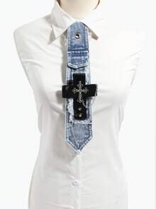 1pc Y2K Hot Girl Snowflake Wash Denim Tie With Rhinestone Cross, Frayed Edge Chain Halter Neck Personalized Shirt Accessory - Multicolor - View 2