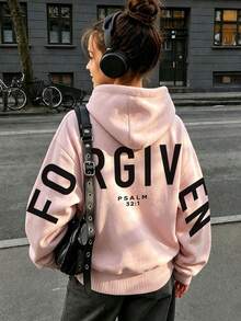 1pc Thermal Lined Thickened Warm Slogan Print Sweatshirt, Suitable For Teenage Girls, Student Girls, Children Autumn/Winter Long Sleeve Top, Unisex Style - Pink - View 3