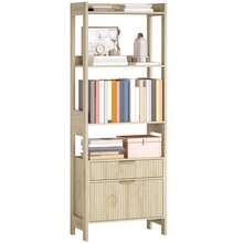 Hoge boekenkast, opbergmeubel met 4 open planken en 2 geribbelde laden, 60 x 30 x 160 cm, naturel hout - A - Bekijken 1