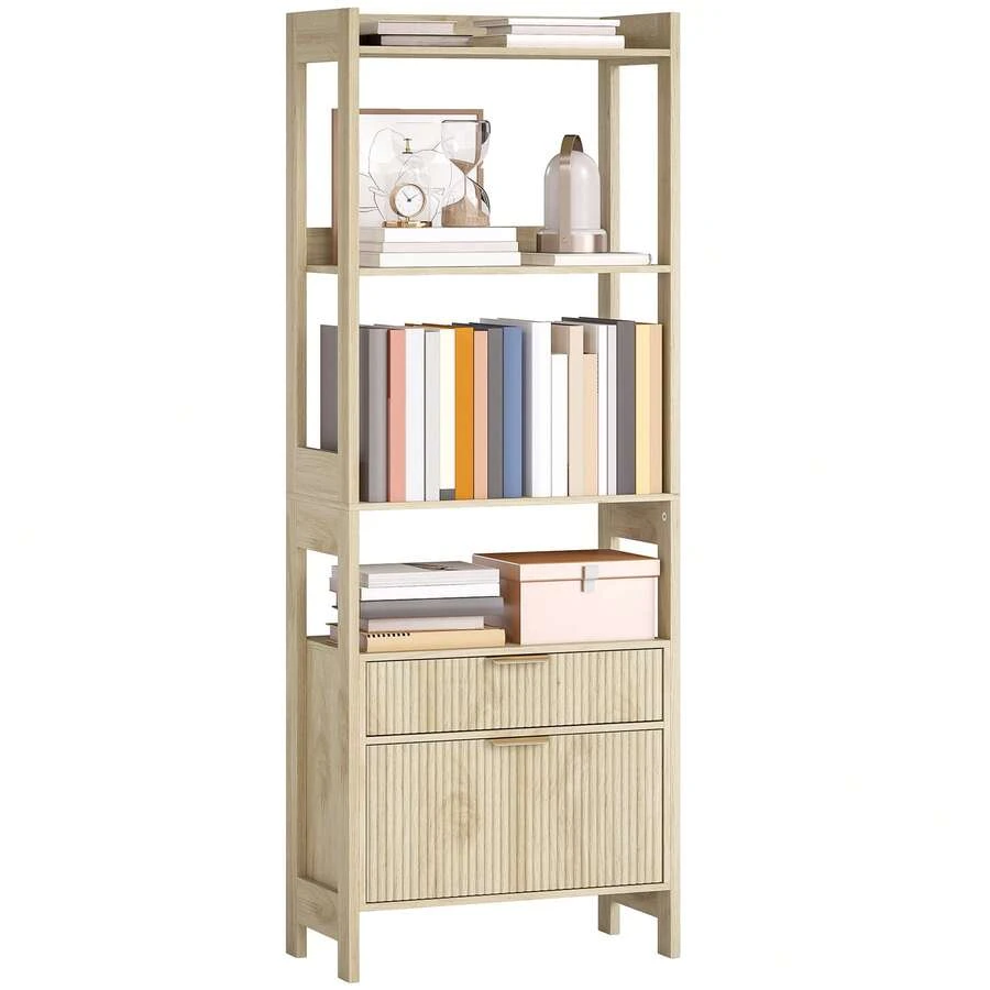 Hoge boekenkast, opbergmeubel met 4 open planken en 2 geribbelde laden, 60 x 30 x 160 cm, naturel hout - A - Bekijken 1