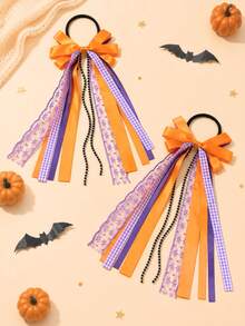 2pcs Girls Halloween Colorful Orange Ribbon Headbands, Lace Beaded Hair Accessories, Children's Hair Decorations, Carnival Party Gifts - Orange - View 4