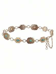 1 sợi dây xích đeo eo phong cách Bohemian cổ điển màu vàng giả cổ, chạm khắc hình học, đính đá giả ngọc lam, thiết kế dây nối điều chỉnh được, phù hợp với trang phục cao bồi miền Tây, dễ dàng tạo vẻ ngoài mang hơi hướng retro độc đáo - Dây thắt lưng - Xem 3