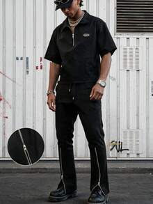 男士春夏短袖 Polo 衫半開襟領，配拉鍊側開衩長褲，對比色休閒街頭風襯衫套裝，寬鬆版型，適合多種場合，男士禮物 - 黑色 - 查看 4