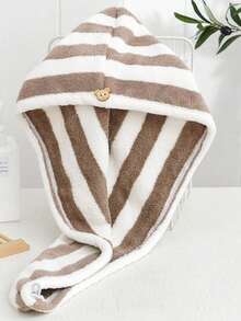 Thickened High-Density Cationic Coral Fleece Hair Drying Cap For Women, Soft Absorbent Head Wrap, Minimalist Striped Bath Cap - Multicolor - View 2
