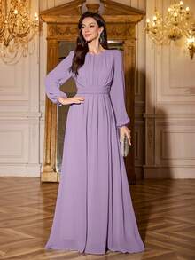 Volly Toych Elegant Long Sleeves Chiffon Maxi Bridesmaid Dress, Sleeves Without Lining, With Ruched Bust Scoop Neck For Special Occasions, Perfect For Events - Dusty Purple - View 2